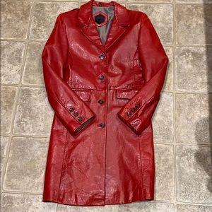 Red leather trench coat